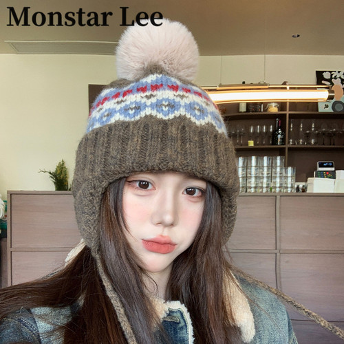 Monstar Lee费尔岛帽子女冬加厚绒保暖护耳毛线帽防寒针织雷锋帽