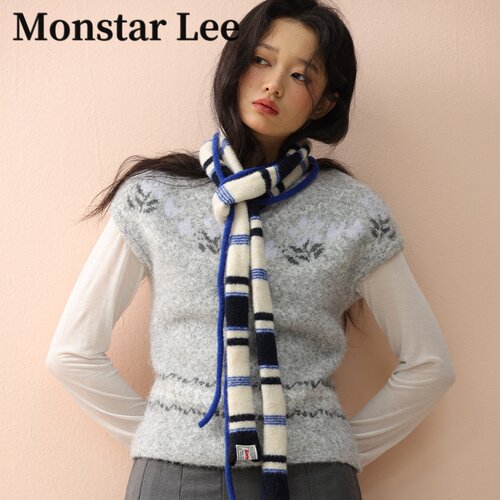 MonstarLee条纹细围巾女冬拼色长条针织辣妹高级时髦外搭飘带围脖