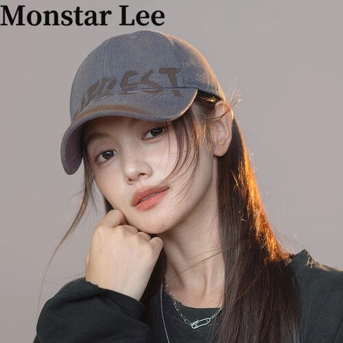 Monstar lee美式复古灰色做旧棒球帽子女大头围宽檐显脸小鸭舌帽