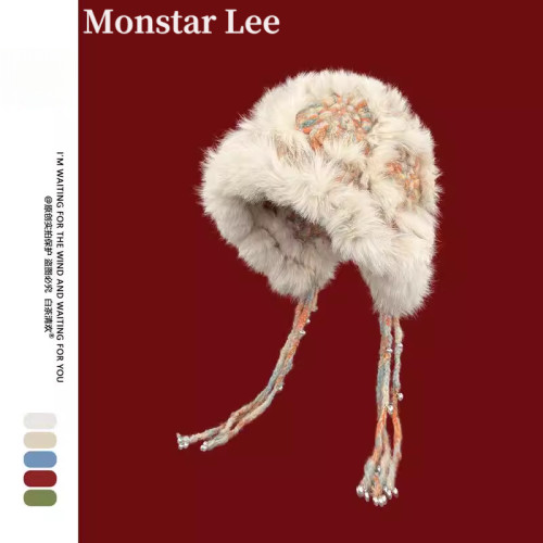 MonstarLee兔毛云朵针织醒狮帽子女冬保暖毛绒流苏氛围感拍照出片