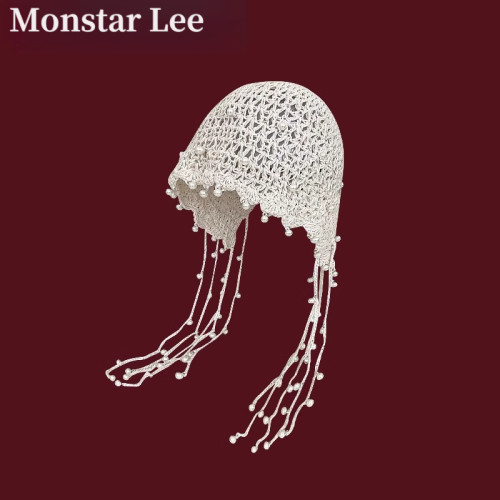MonstarLee镂空珍珠民族针织帽