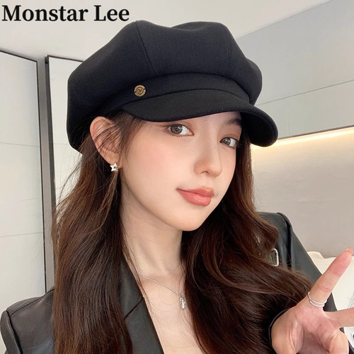 Monstar Lee黑色贝雷帽女夏显脸小鸭舌八角帽大头围复古文艺画家