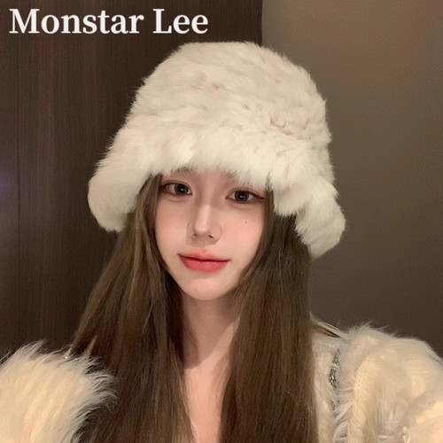 Monstar Lee白色兔毛帽子女冬保暖护耳针织毛线帽大头毛绒渔夫帽