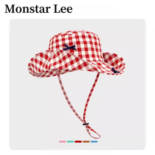 MonstarLee蝴蝶结红色格子登山帽女夏遮阳防晒渔夫帽美式复古帽子