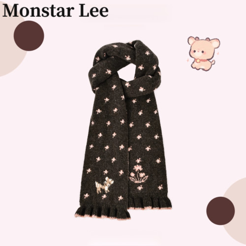 MonstarLee可爱卡通小鹿提花针织围巾女冬粉咖荷叶边毛线围脖甜美
