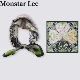 Monstar lee一抹绿色真丝系脖丝巾女高级感桑蚕丝小方巾春夏搭配