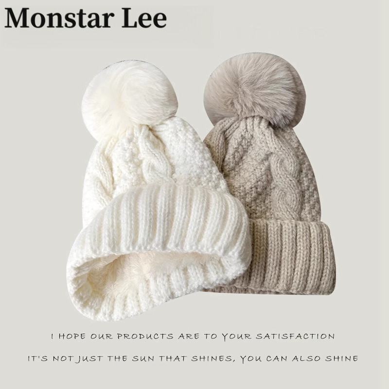 Monstar Lee加绒毛线帽子女冬天保暖加厚麻花粗针织帽护耳白色