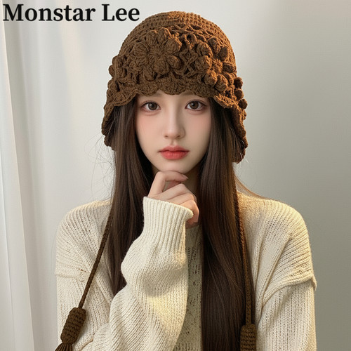 MonstarLee钩织花朵流苏毛线帽女冬川西旅游时尚显脸小针织包头帽