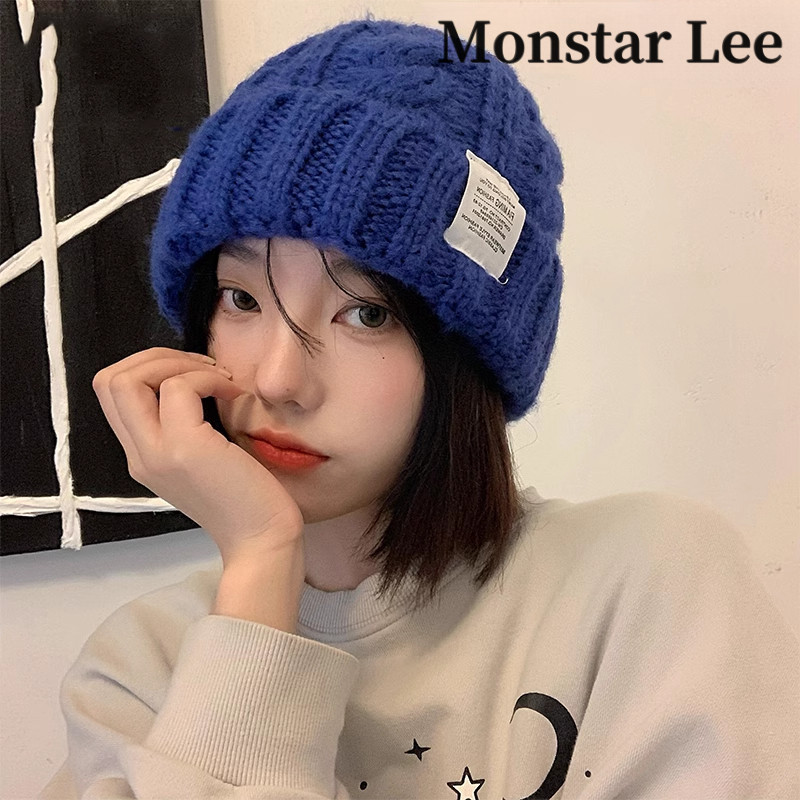 Monstar Lee大头围粗针织毛线帽女冬堆堆帽麻花帽子克莱因蓝冷帽