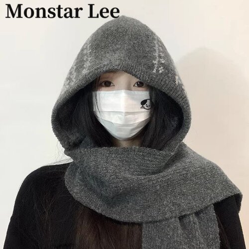 MonstarLee费尔岛巴拉克拉法帽女冬加厚防寒针织毛线帽子围巾一体