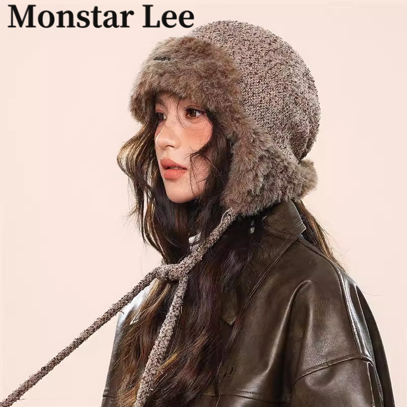 MonstarLee护耳雷锋帽子女冬韩版覆古毛绒滑雪保暖系带飞行员帽男