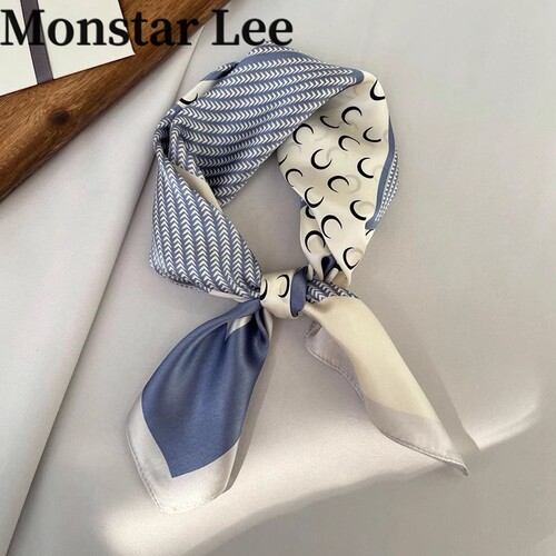 Monstar lee简约蓝色真丝小丝巾桑蚕丝搭T恤方巾夏拼接月牙小领巾
