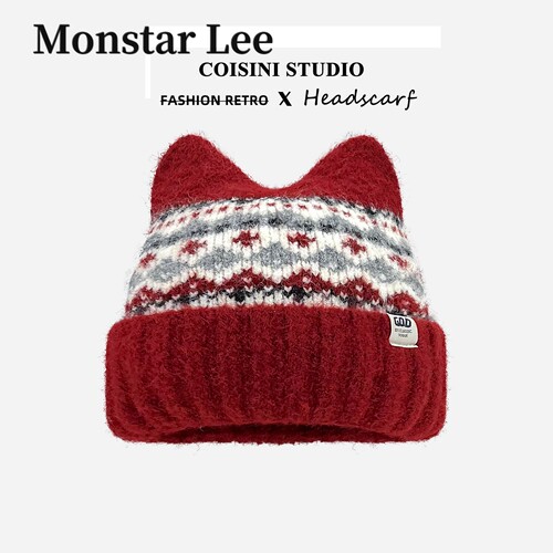 MonstarLee复古费尔岛提花猫耳针织毛线帽子女秋冬保暖加绒显脸小