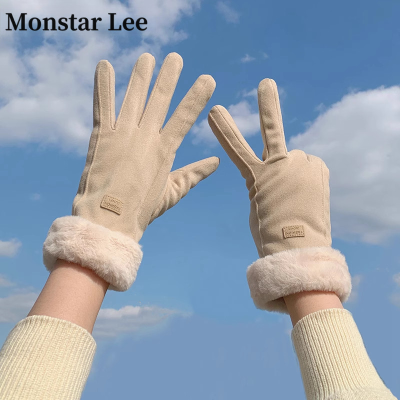 Monstar Lee秋冬季可爱保暖防寒加绒加厚骑车女士羊绒可触屏手套