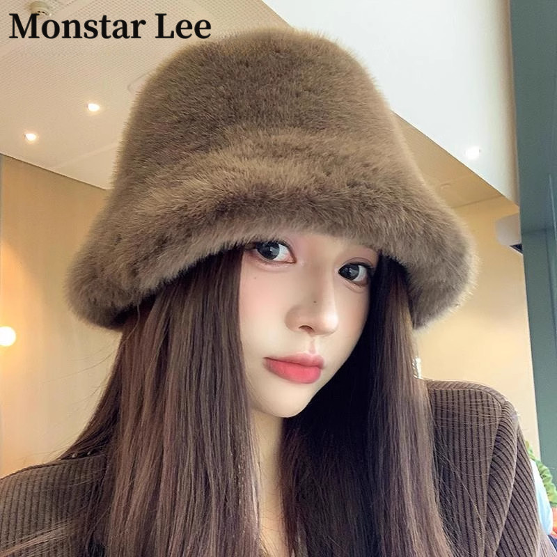 Monstar Lee毛毛帽子女秋冬毛绒渔夫帽大头围韩系百搭水桶帽盆帽