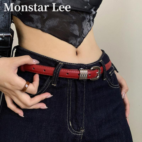 Monstar Lee美式复古高级感红色腰带女个性潮辣妹风窄款皮带腰封