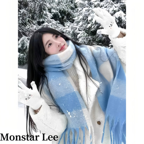 MonstarLee杨超越同款蓝色格子围巾女冬加绒加厚保暖双面披肩围脖