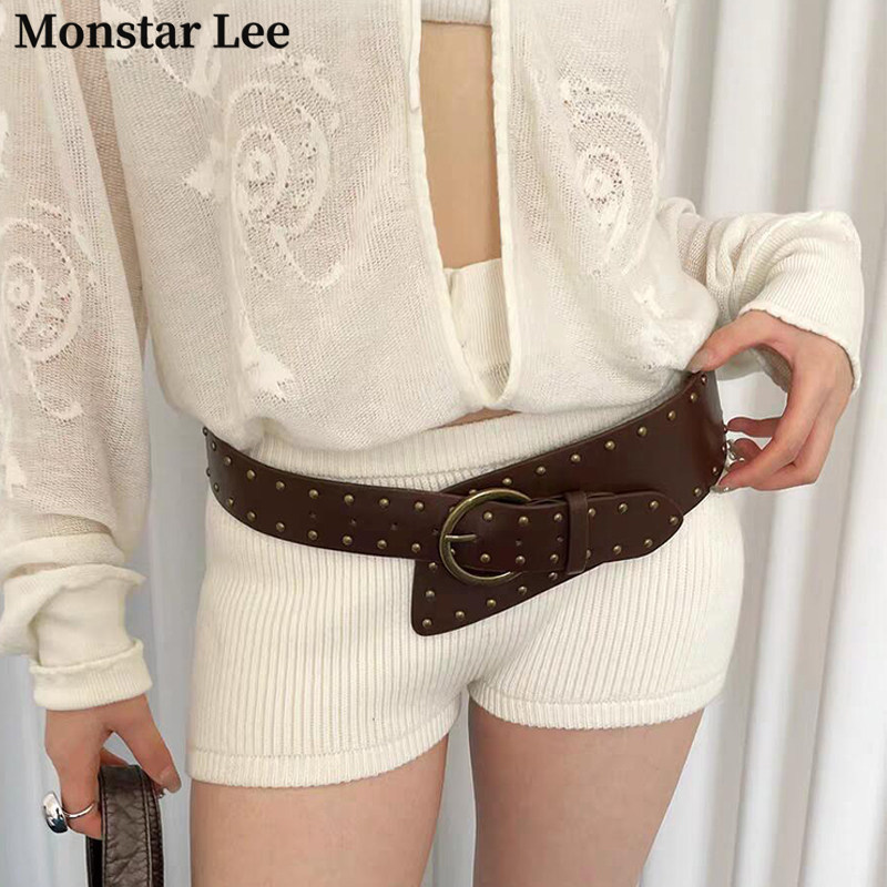 MonstarLee重工宽腰带女铆钉朋克风复古个性腰封配裙子牛仔裤皮带