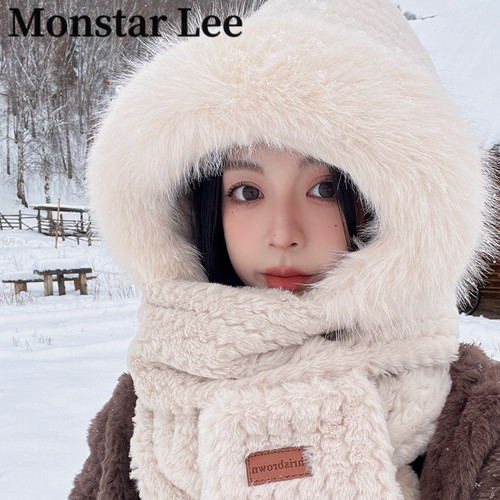 Monstar Lee帽子围巾一体女冬季毛绒连帽手套三件套保暖防风围脖
