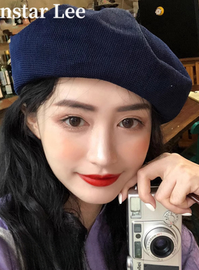 Monstar Lee藏青贝雷帽女春夏薄款画家帽透气英伦复古八角网红帽