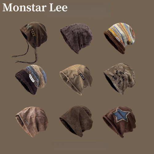 Monstar Lee废土风堆堆帽大头围针织冷帽户外毛线帽子女新疆登山
