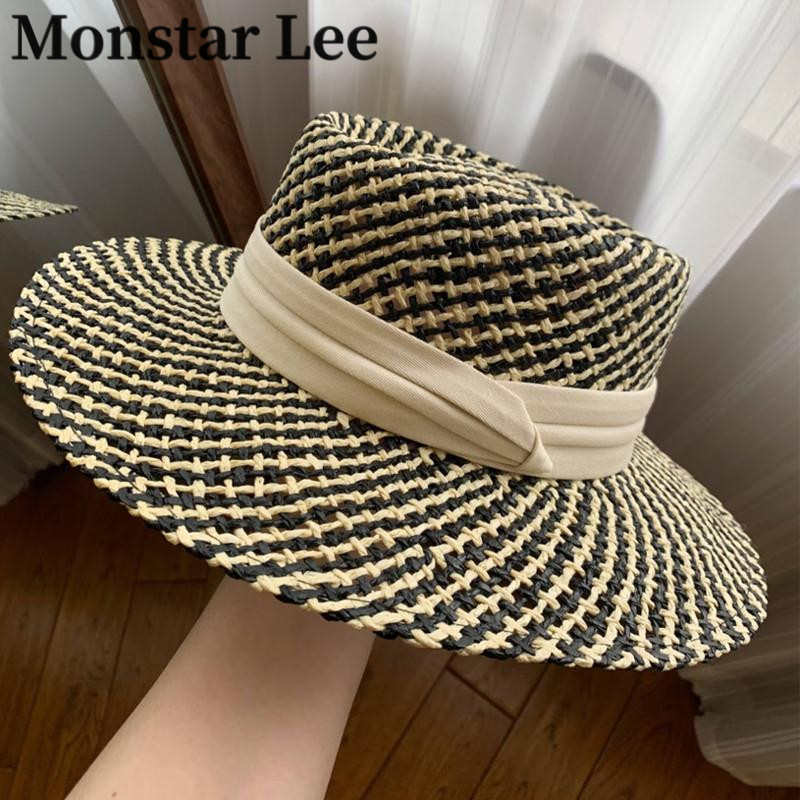 Monstar Lee手工钩织草帽女法式平顶礼帽大帽檐沙滩海边镂空编织