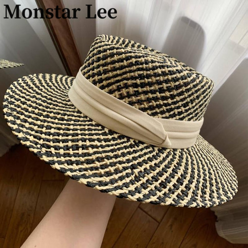 Monstar Lee手工钩织草帽女法式平顶礼帽大帽檐沙滩海边镂空编织
