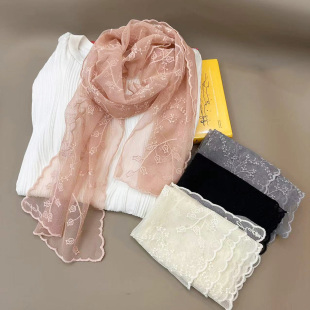 小众蕾丝小丝巾法式 颈巾女春夏领巾柔软围巾 超仙刺绣发带头巾韩版
