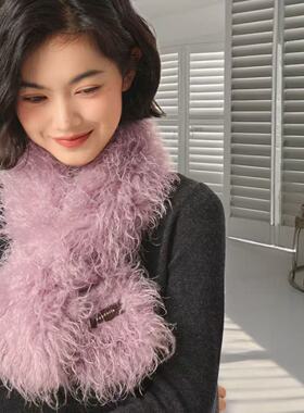 毛领时髦韩系超强氛围感淡紫色长毛围巾女时尚辣妹穿搭护颈围脖