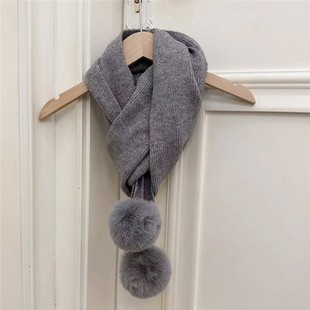 日系温柔纯色毛球针织毛线围巾女冬可爱百搭减龄球球围脖长款披肩