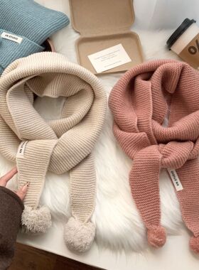 针织围脖纯色可爱球球围巾红色显白雾蓝围脖学生秋冬季保暖围巾