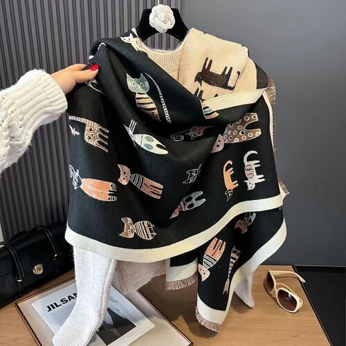 猫咪图案仿羊绒围巾保暖披肩学生