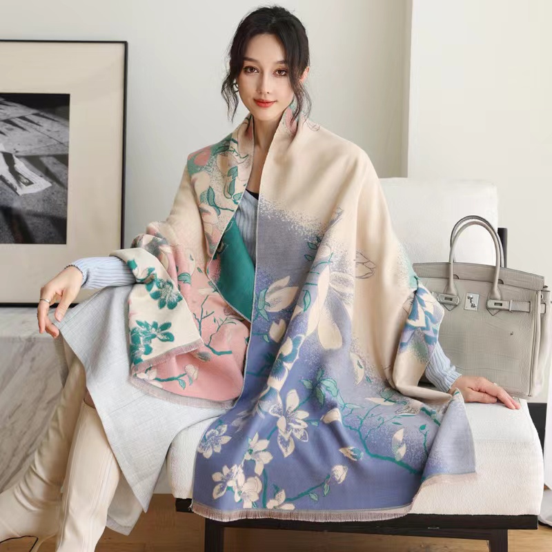 清水玉兰围巾女冬季双面长款仿羊绒春秋时尚加厚空调房大披肩两用