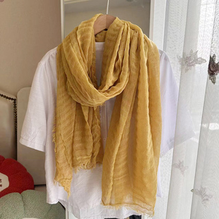 素色温柔亚麻棉混纺薄款纱巾围巾女秋冬新款披肩纹理流苏设计文艺