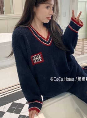 caca半边绒冬季睡衣套装V领学院风保暖宽松加绒加厚家居服秋冬款