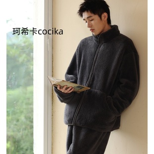 睡衣立领拉链套装 男士 珊瑚绒加绒加厚保暖宽松家居服 新款 835冬季