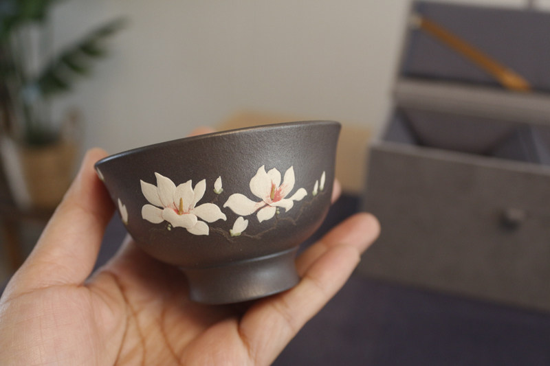 天青泥精品手工泥绘玉兰花品茗主人杯宜兴紫砂茶具小杯子茶碗送礼