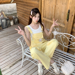 学生班服多巴胺穿搭背带裤女夏季直筒工装宽松背带裤少女阔腿长裤