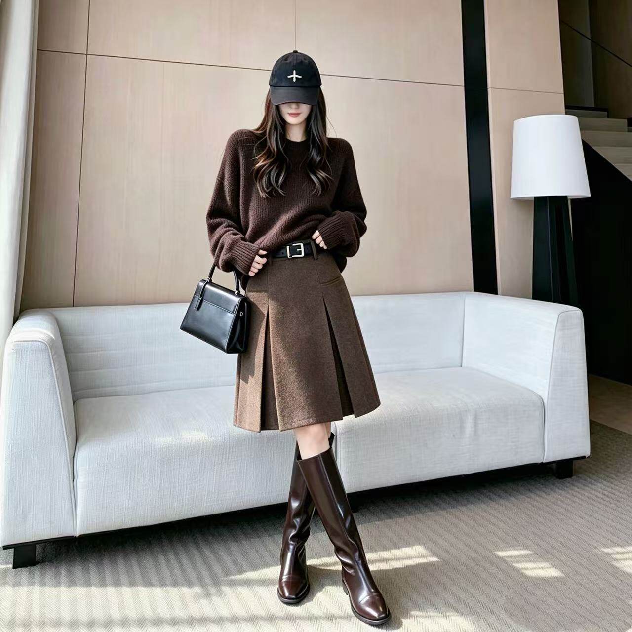 韩系极简毛呢半身裙女2026秋季新款时尚百搭宽松显瘦A字休闲中裙