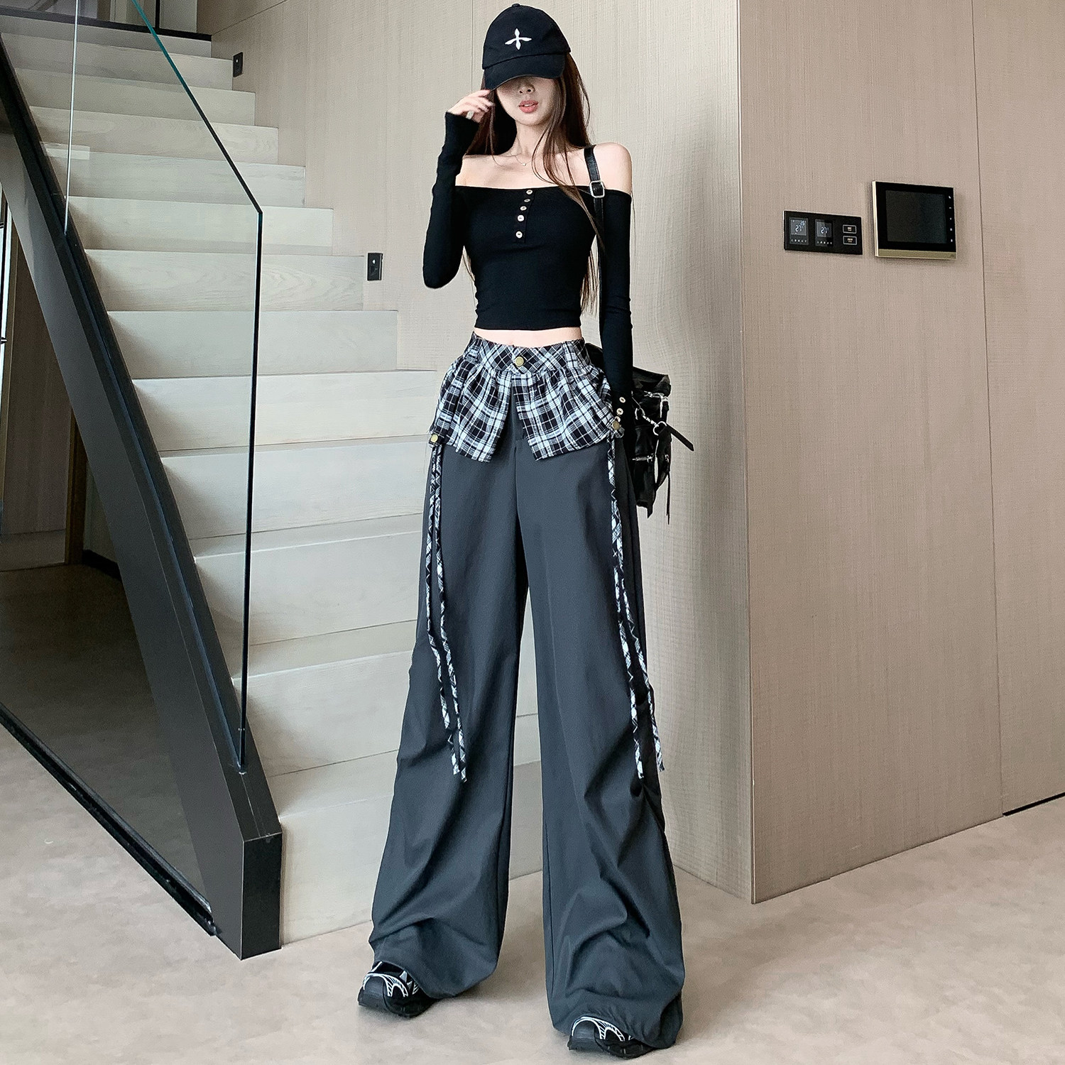 黑色阔腿裤女2025超火秋装新款bf慵懒风工装裤高个子潮学生休闲裤