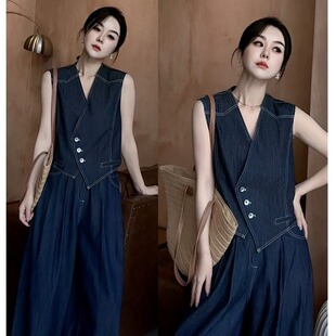 港风复古西装马甲牛仔套装女2026夏款时尚休闲无袖上衣阔腿裤两件