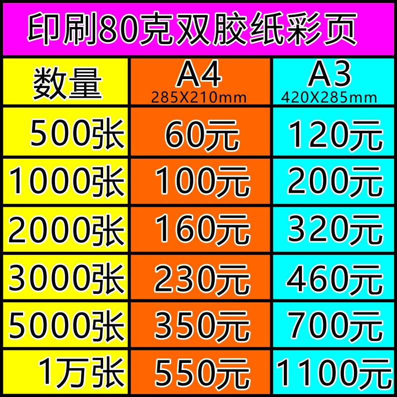 印刷彩色宣传单.彩页.单张.80克双胶纸.双面印刷打印.A4书写纸