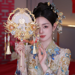 香槟色新娘结婚秀禾服团扇黑色架新中式双面成品遮面金色团扇9145
