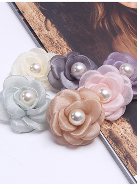 布艺珍珠玫瑰花花朵 假花 diy发夹头饰胸针服装网纱发绳配件辅料