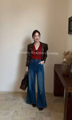S家2026秋季新款大码女装钉珠蝴蝶结直筒裤筒喇裤牛仔裤