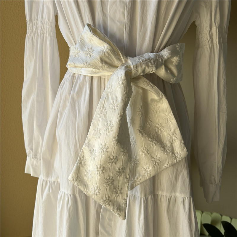 雪绒花 厚款提花布艺腰带 奶白色乳白色小花朵缎面压皱飘带 甜美