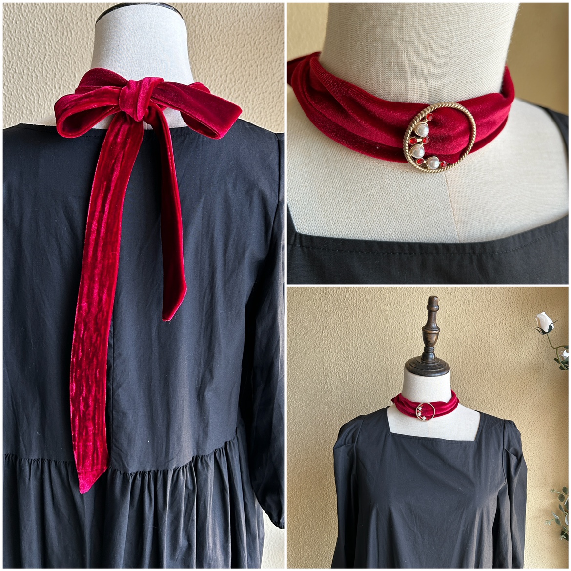 环扣装饰小丝绒窄围巾丝巾 优雅 wrap choker 颈带 绑蝴蝶结飘带