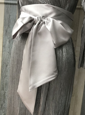 瑕不掩瑜 12x280浅灰色超长丝缎腰带加宽 绑蝴蝶结飘带女 浅银灰