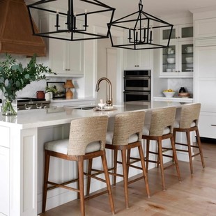 中古风吧台椅实木藤编吧台椅现代简约家用吧台椅高脚凳餐椅子藤编