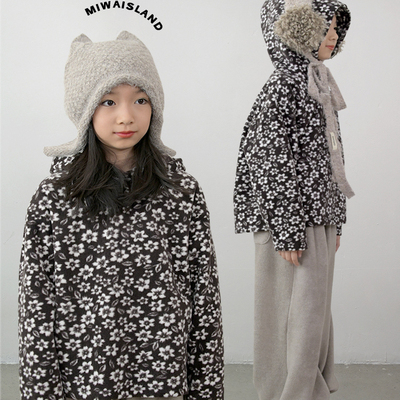 米花之岛原创秋冬亲子款松弛轻飘保暖加绒加厚连帽毛绒连帽衫